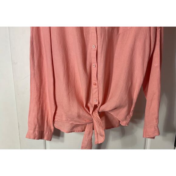 Harve Benard Peach Washable Linen Roll Tab Sleeve Button Down Tie Hem L - Picture 2 of 6